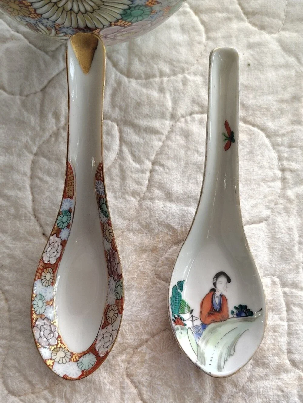 Hand-Painted Kutani Floral Porcelain Soup Bowl & Spoon Set - Multicolor